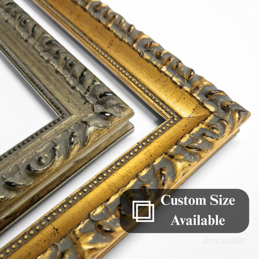Antique Baroque Gold & Silver Frame,Vintage Ornate Wood,Custom and Standard Sizes for photographs,diplomas,certificates,artwork and mirrors.